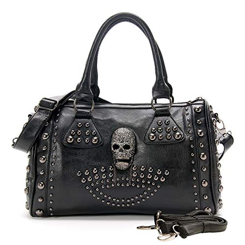 Chikencall® Frauen Schädeltasche PU Handtasche aus gewaschenem Leder Geldbörsen mit gotischen Nieten Damen Halloween Weihnachten Umhängetasche Schwarz Cover