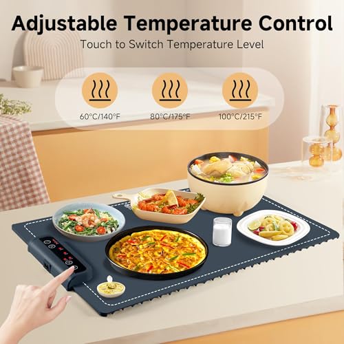 Image of Food Warming Mat- Foldable Warming Mat for Food with Adjustable Temperature Control Time Moders Locking Function Electric Warming Tray for Parties,Home,Travel,Buffet, Dark Blue