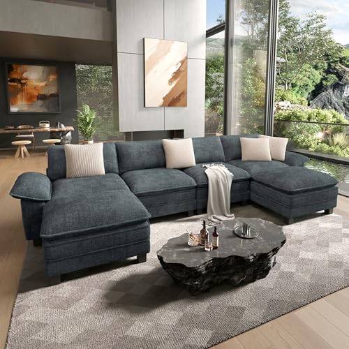 Image of HERA'S HOUSE 158 inch Oversized Modular Sectional U Shaped Sofa,Chenille Blue | 6-Seater Living Room Couches, Wider Armrest and Deep Seat, Comfy Cloud Couch with Ottoman, Wood Sturdy Frame