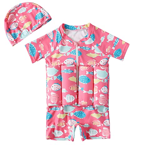 EQQILL Baby Toddler Girls Boys Float Suit One Piece Rashguard Cartoon Short Sleeve Zip up Buoyancy Swimsuit +Cap Pink