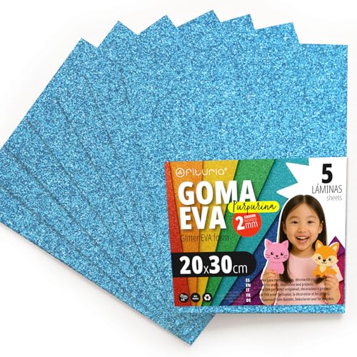 OFITURIA Goma Eva con Purpurina para Manualidades Creativas, Láminas de Foam Brillante para DIY, Proyectos Escolares, Arte Decorativo, Scrapbooking 20x30cm (Azul Claro Purpurina, 5 uds)