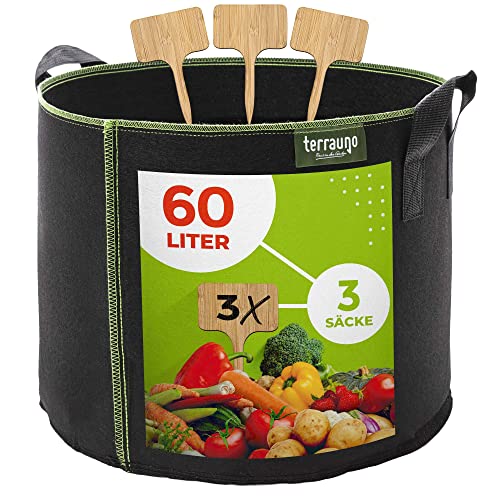 TerraUno - Pflanzsack aus Vliesstoff (3 Stück) I Pflanzsäcke 60l I Pflanztasche zur Anzucht von Kartoffeln, Tomaten, Erdbeeren & Co I inklusive 3 Holzpflanzenstecker Cover
