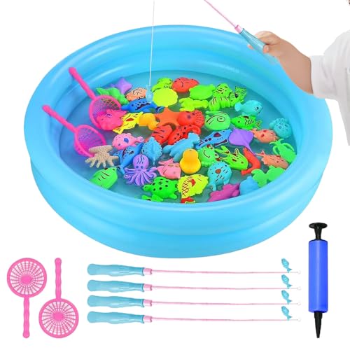 SKIKHN Jouet de Peche Magnétique, 54 Pièces Jouet de Pêche Flottant, Jouet de Bain éducatif, Jeu Peche a La Ligne Enfant, pour Enfant Education Play Set en...