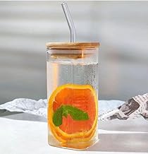 ZEYFLEEB Squre Shape Sipper Glass with Wooden lid and Straw Set - Soda Cococola, Tea and Coffee Glass Sipper Tumbler Mug, Fruit Juice Milk Mug with Straw Transparent (350ml Plain, 2)