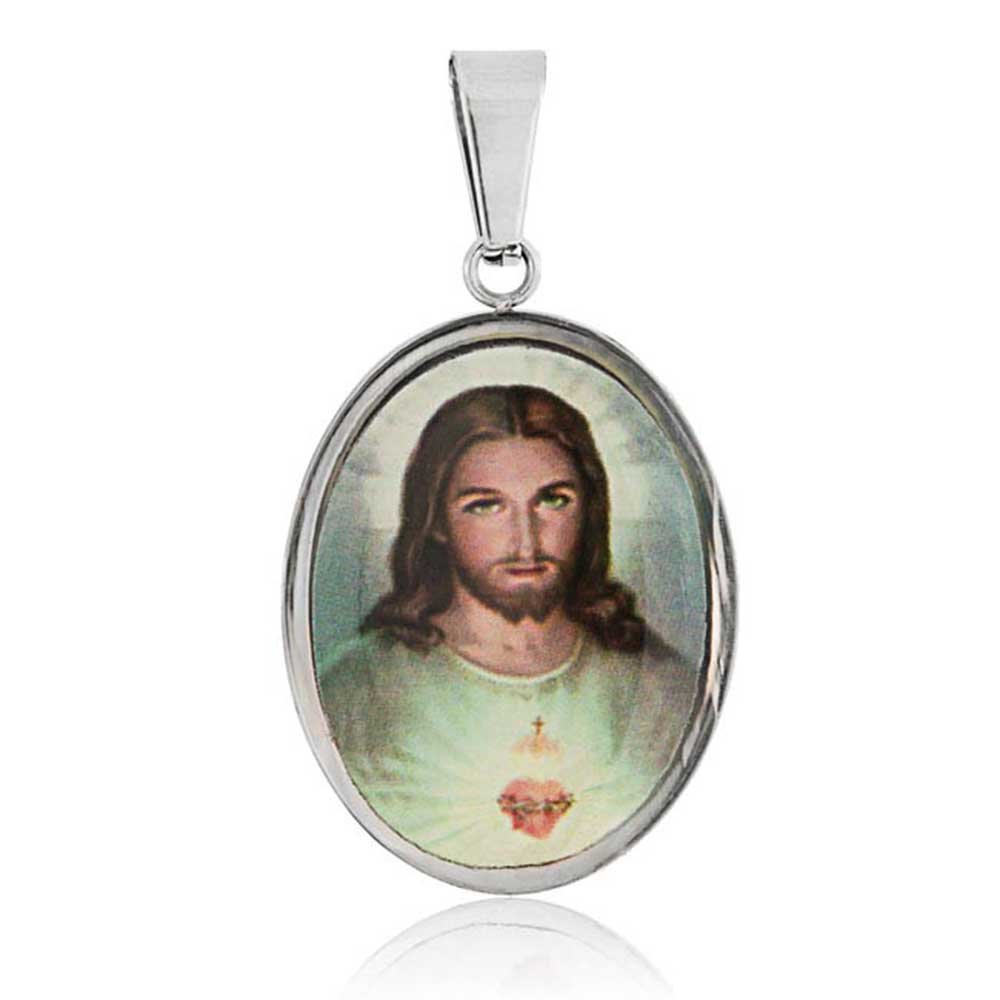 Bling Jewelry Unisex Personalize Oval Religious Medal Medallion Sacred Heart of Jesus Photo Pendant Necklace for Men Teen Silver Tone Customizable