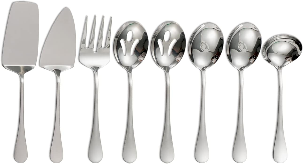 8 Piece Serving Utensils Set,Large Serving Set,Stainless Steel Serving Utensils for Dinner Parties Entertaining - Lasagna Server,Pie Server,Serving Fork,Serving Spoons,Soup Ladle,Mirror Polished