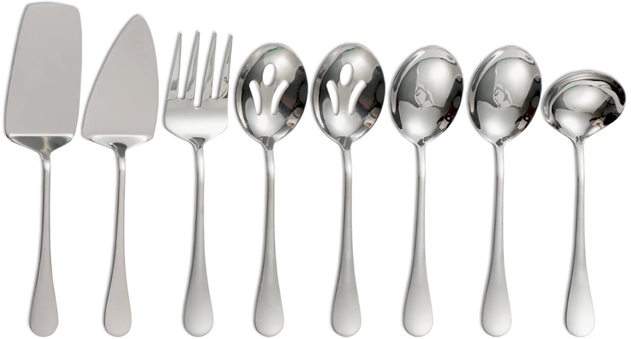 8 Piece Serving Utensils Set,Large Serving Set,Stainless Steel Serving Utensils for Dinner Parties Entertaining - Lasagna Server,Pie Server,Serving Fork,Serving Spoons,Soup Ladle,Mirror Polished