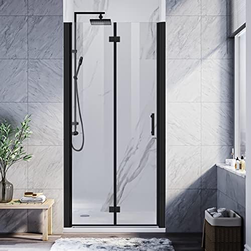 ELEGANT Bifold Frameless Glass Shower Door 30 in.W x 72 in.H Pivot Swing Shower Doors with 1/4 in. Clear Tempered Shower Glass Panel in Matte Black Semi-Frameless Shower Door