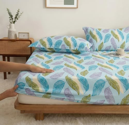 Image of VAS COLLECTIONS King Size Cotton Fitted Bedsheet (78 x 72 + 14 Inches) with Deep Pocket | 220 TC Soft Breathable Wrinkle Free Elastic Bed Sheet for King Mattress | (Green & Sky)