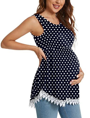 Xpenyo Womens Maternity Tank Top Sleeveless Lace Crochet Trim Peplum Cami Shirts Navy Blue Polka Dots L #TOP4