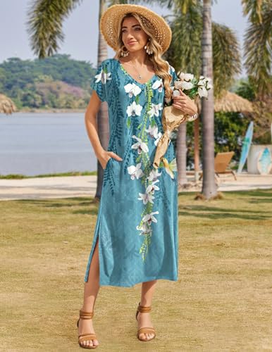 Image of Zeagoo Women Summer Floral Dress Short Sleeve Beach Dress with Pockets Casual V-Neck Split Long T-Shirt Dress Travel Vacation