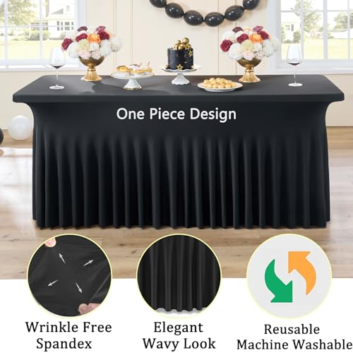 Image of Black Spandex Tablecloth for 6 Foot Rectangle Tables, 3 Pack Fitted Table Cloths 6ft Stretchy Table Clothes Cover Desk Skirt for Parties Weddings Birthday Graduation Banquet