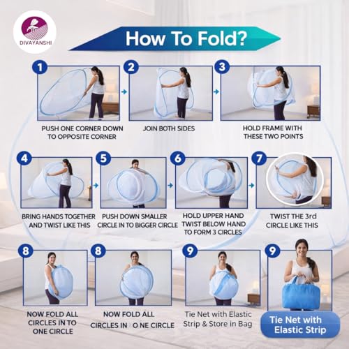 Image of Divayanshi Foldable Mosquito Net for Single Bed (3 * 6.5 ft) | Pop-Up Bed Tent with Zipper | Lightweight Polyester Mesh | Easy Folding & Washable | Insect & Mosquito Protection for Bedroom-Blue
