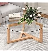 LUSPAZ 35 Inch Round Glass Modern Coffee Table with Tempered Glass Top and Sturdy Wood Base for L...