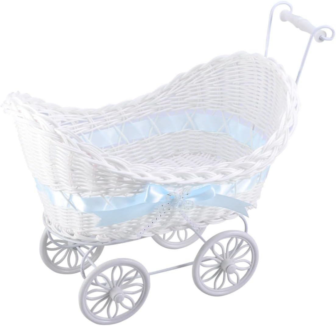 iplusmile Blue Rattan Mini Stroller Decoration Basket Knitted Cane Woven Flower Holder for Wedding Shower Party Birthday Centerpiece and Vintage Home Decor