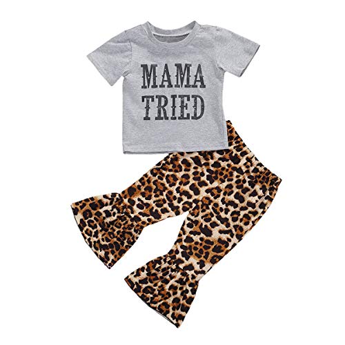 2Pcs Infant Baby Girl Leopard Bell Bottoms Outfits Letter T-Shirt Top+Cheetah Flare Pants Summer Fall Clothes Set (6-12 Months,Mama Tried-Gray)