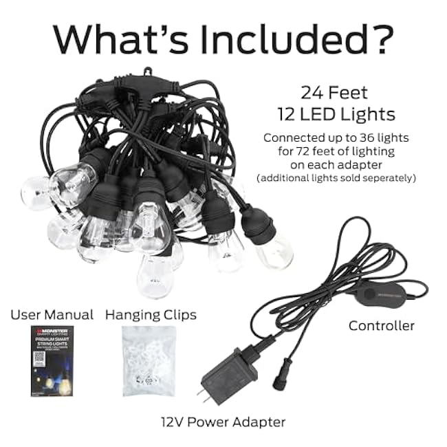 Monster 24 Foot Premium Outdoor Smart RGB+IC+WW String Lights, 12 Bulb Color Flow Dimmable LEDs, Sound Reactive, Water & Weather Resistant, Compatible with Alexa, Siri, Google Home, App
