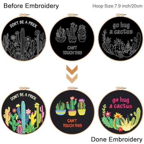 Image of Louise Maelys Funny Cactus Embroidery Kits for Beginners,Cross Stitch Kit for Adults,Starters DIY Needlepoint Including Plant Pattern,Hoop,Instruction and Threads