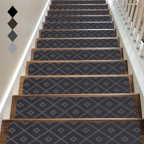 RIOLAND Non-Slip Carpet Stair Treads for Wooden Steps, 15 Pack Indoor Stair Runner with Reusable Adhesive Modern Anti Moving Safety Stair Rugs for Kids Dogs & Elders, 8" X 30", Rhombus Gray