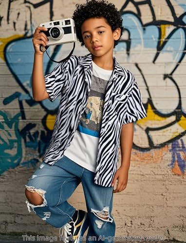Image of COSLAND Boys' Animal Print Hawaiian Shirt Kids' Novelty Button Down Shirt, X-Small-Large