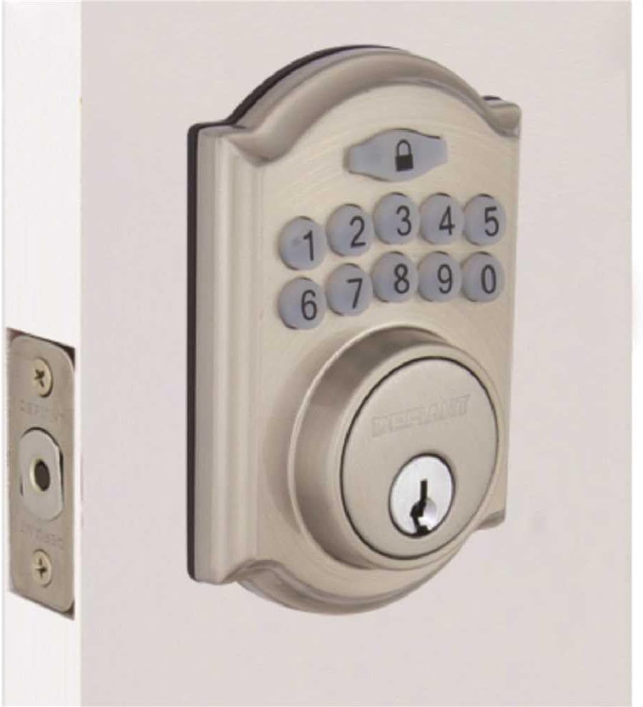 Defiant electronic deadbolt installed on a white door, showing the exterior keypad and keyhole.