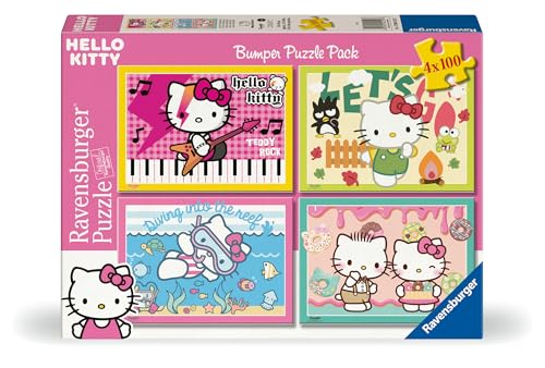 Ravensburger Hello Kitty Bumper Puzzle Pack – 4 x 100 Piece XXL Jigsaw Puzzles – Colorful Music, Outdoors, Underwater & Sweet Treat Scenes –...