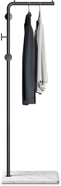 VEKOID Metal Coat Rack Freestanding with Natural Marble Base, Entryway Coats Hanger Stand with 3 Hooks, Home Hotel Hall Tree for Coats, Hats, Scarves, Clothes, and Handbags (Black-w/white Base)