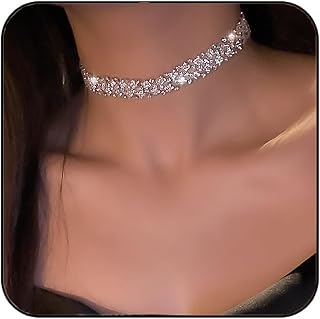 JEAIRTS Rhinestone Choker Necklace Silver Full Crystal Jewerly for Women