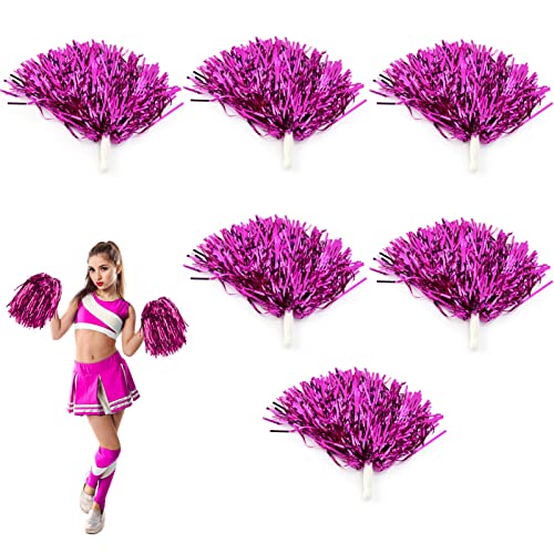 OUKENS Cheerleading Poms, 7 Colors 6pcs Metallic Foil Cheerleading Pom Poms with Handle Party Dance Accessory Sports Pompoms Cheer(Rose Red)