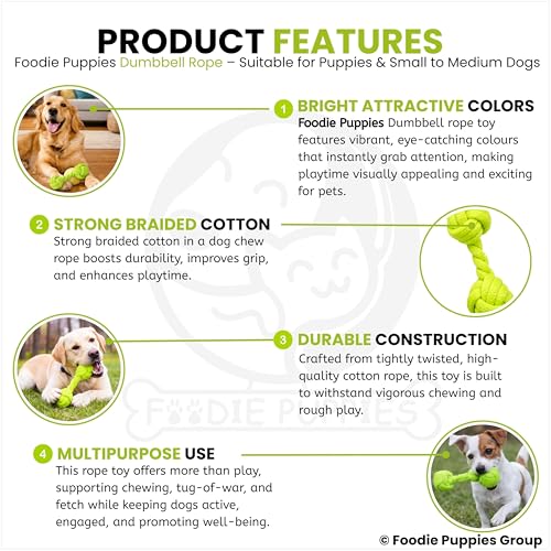 Image of Foodie Puppies Durable Cotton Rope Chew Toy for Dogs (Dumbbell Rope) | Chewing, Fetching, Playing, Teething & Training for Small to Medium Dogs & Puppies (Color May Vary)