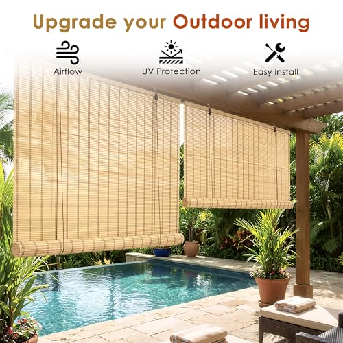 Image of Story@Home Bamboo Blinds for Balcony W 3 ft x H 7 ft (Pack of 2) | Rope Mechanism Roll Up Down Bamboo Shade for Sunlight Dust Protection Window Chick Blinds for Balcony -Beige & White
