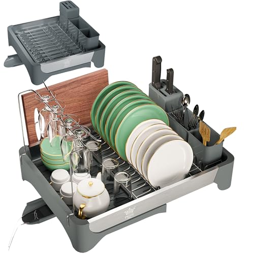 PRIME FEEL Expandable Dish Drainer Rack with drip tray, Stainless Steel Dish Drying Rack with Cutlery Holder, Glass & Cutting Board Holder, Foldable Draining Board Rack for Kitchen Countertop, Grey