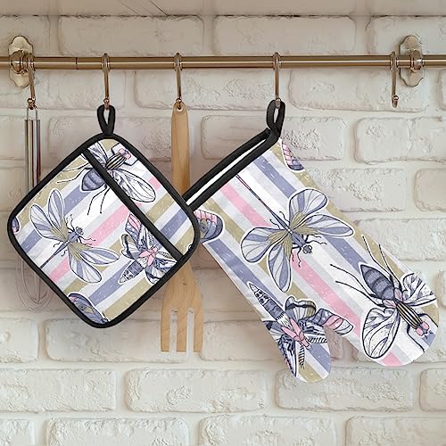 Dragonflies Butterflies Stripe Oven Mitts And Pot Holders Sets Retro Oven Mits Mittens Heat Resistant Potholders Oven Gloves Hot Pad For Baking Cooking Kitchen Grilling Bbq Gifts 2 Piece Set #TOP3