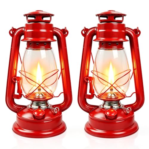 Red Hurricane Lanterns, 13.3 Inch Vintage Oil Lamps, Outdoor Decor, 2 Pack