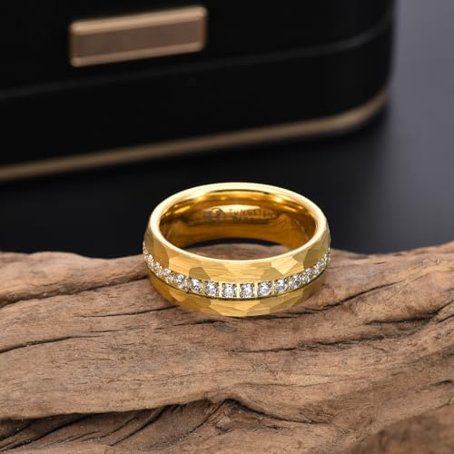 Hioleegi Tungsten Wedding Bands for Men Women CZ Zirconia Stone Inlay Hammered Irregularly Curved Edge Comfort Fit2