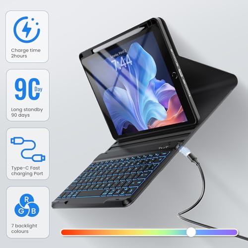 Image of OYEEICE Keyboard Case for iPad 6th /5th Gen 9.7 inch | 360 Rotatable, 7 Color Backlit Detachable Wireless Keyboard, Upgraded Magnetic Cover with Pen Holder for iPad Air 2nd Gen