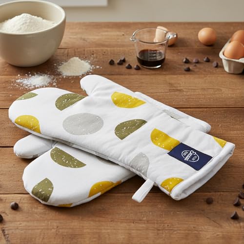 Image of Encasa XO Extra Long 18x35 cm Microwave Oven Gloves Mitts (2 pcs) for Kitchen Cooking - Yellow Moon - Heat Resistant, Thick & Safe, Protection of Hands from Hot Utensils, Gas Flame, Grill, Barbecue