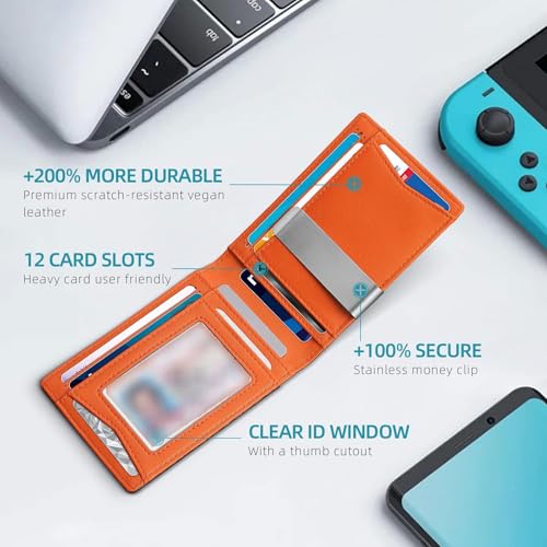 Lanuspro Wallet, Lanuspro Rfid Blocking Elegant Anti-Theft Leather Wallet for Business Men, Lanuspro Front Pocket Bifold Wallet with 6 Card Slots and Id Window (A Orange)3