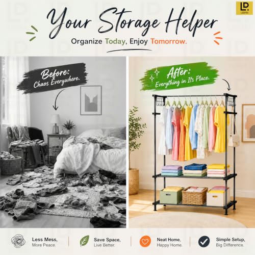 Image of LEOPAX Metal Clothes Rack with 2 Storage Shelves & 10 Hooks, Freestanding Cloth Stand, Garment Rack and Coat Hanger for Bedroom, Living Room & Entryway, Heavy Duty Clothing Organizer, Black