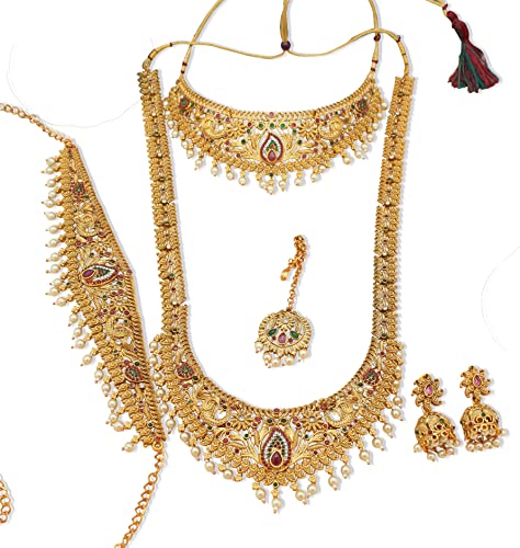 Nagneshi Art-Adorable Gold Plated r Necklace Set for Women,Matte Finish Bridal Jewellery Set, Wedding Collection Necklace Earring, for Women-2 Neckless, 1 Pair Earring, 1 Maang Tikka