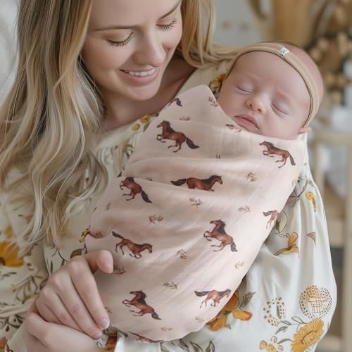 Image of LifeTree Baby Swaddle Blankets, Muslin Swaddle Blankets Boys Girls Swaddling Wrap Receiving Blanket for Newborn, 70% Viscose Bamboo and 30% Cotton, Large 47 inch x 47 inch, Horse Pattern