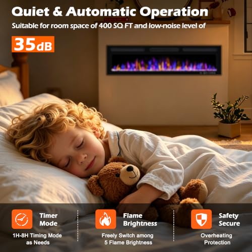 Image of BETELNUT 68 inch Electric Fireplace Wall Mounted and Recessed with Remote Control, 750 /1500W Ultra-Thin Wall Fireplace Heater W /Timer Adjustable Flame Color and Brightness, Log Set & Crystal Options