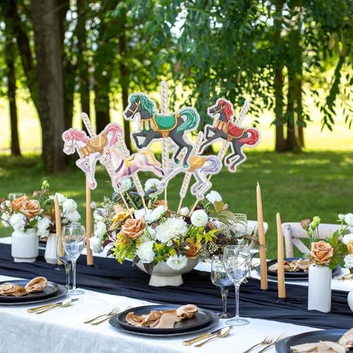 Image of Set of 15,Carousel Horses Table Centerpieces Sticks,Carousel Horse Table Toppers,Horse Party Decoration for Horse Themed Birthday Party Baby Shower Supplies.