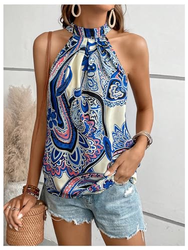 Image of RoseSeek Women's Tropical Paisley Halter Blouse Boho Shirt Vacation Tops