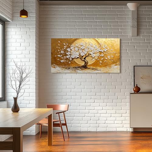 SERIMINO Tree of Life Large Wall Art, Gold Tree Nature-Inspired Abstract Art Prints, Blooming Flowers Canvas Painting, Sun Modern Wall Decor Living Room Bedroom Home Office Ready to Hang 24"X48"