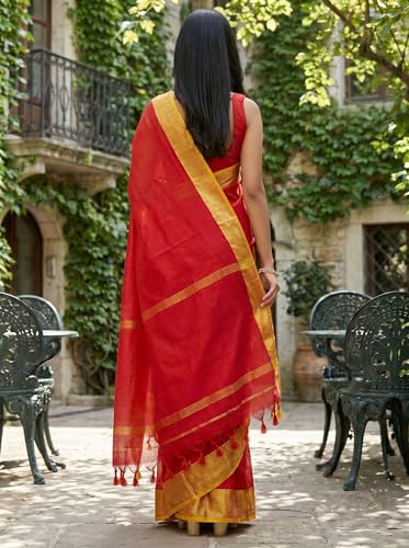 Image of Cotton Silk Sarees with zari border l Solid color cotton silk sarees for women l Bengal Handloom cotton sarees.