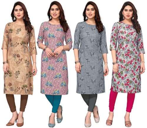Image of JAKHANA Women's Crepe Printed Casual Straight Calf Length Round Nick Kurta Pack of 4