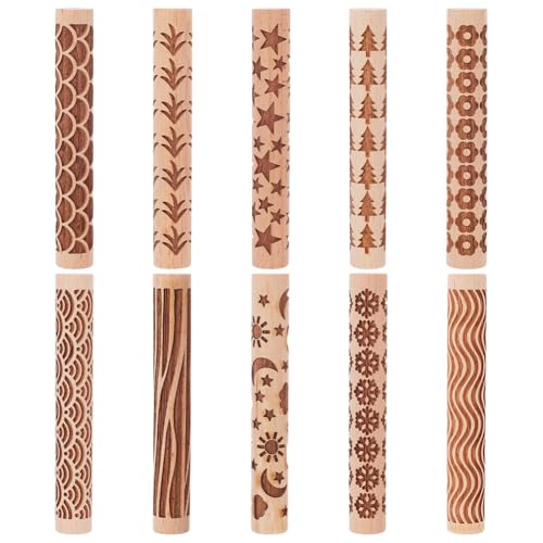 UNICRAFTALE 10Pcs 10 Styles Ensemble de Rouleaux de Texture en Bois pour Argile Poterie Céramique Potiers Tampons Outils Rouleaux à Pâtisserie Texturés Kit...