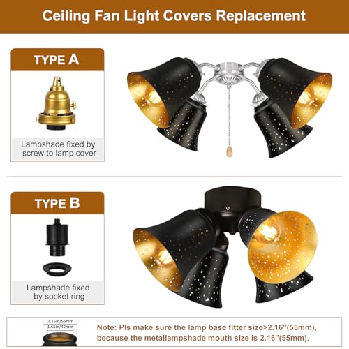 Image of Ceiling Fan Light Covers, 6 Pack Pendant Light Shade Replacement with 1-5 /8 inch Fitter, ALUCSET 4.5 inch Height and 4-3 /4 inch Diameter, Metal Bell Shaped Cover for Chandelier Pendant Light Wall Sconces Series