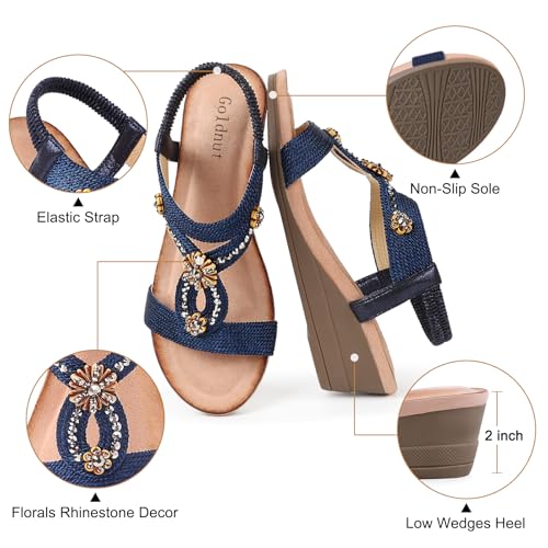 Image of Wedge Sandals for Women Dressy, Woman's Sandal Comfortable Low Wedges Heels Ankle Elastic Strap Sandles with Flower Rhinestones